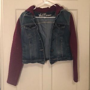Denim jacket with maroon accents